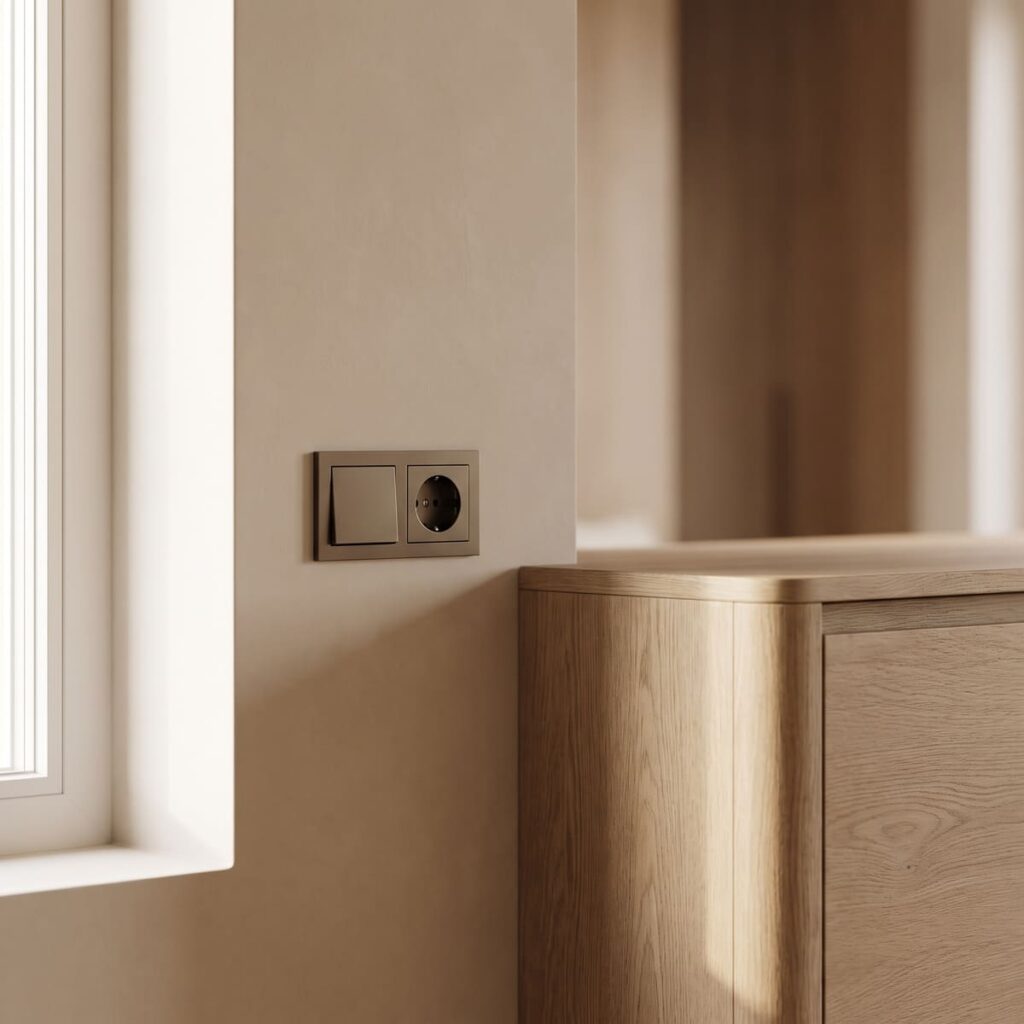Schalter und Steckdose einer Elektroinstallation im Wohnraum